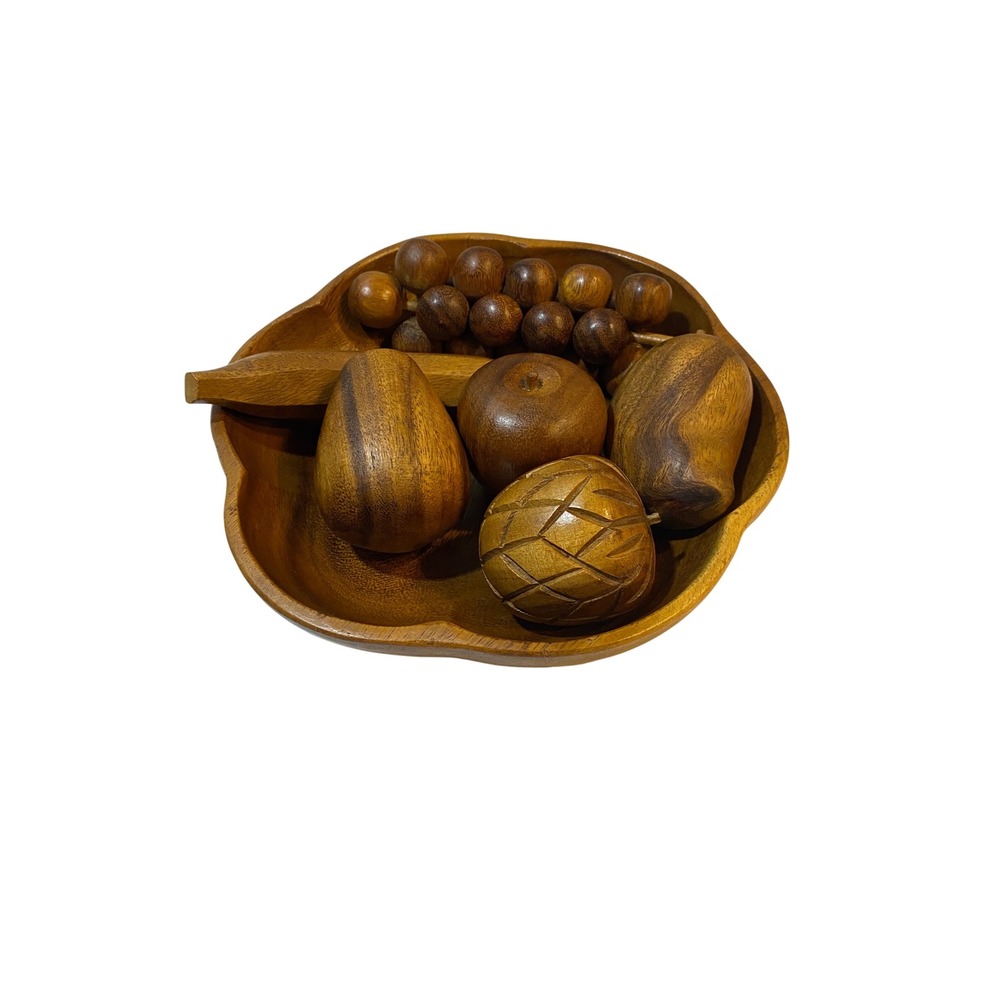 Leilani Vintage Monkey Pod Wood Fruit Bowl Set Hand Crafted MCM Philippines 7 pc - Picture 2 of 6